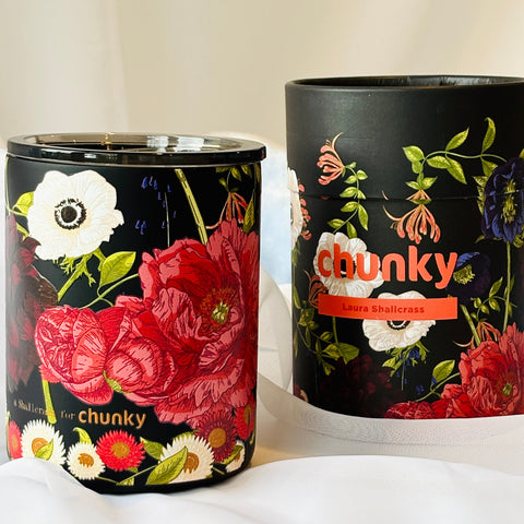 floral-patterned containers with 'chunky' branding on a white surface.