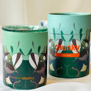 Two colorful keep cups with bird llustrations and 'chunky' branding on a white background.