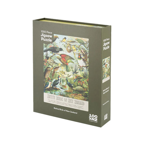 Jigsaw puzzle box with bird illustration on a white background