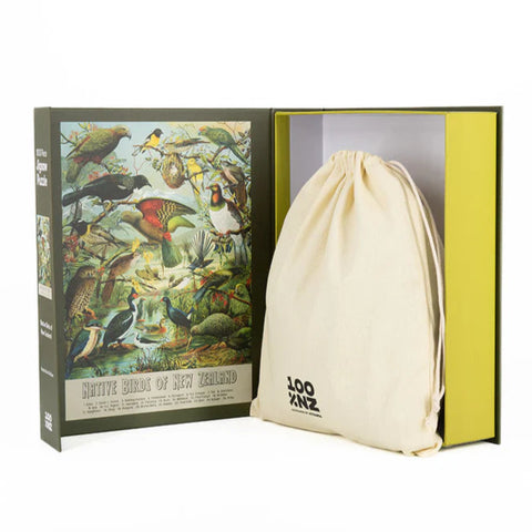 Box set with bird illustrations of NZ Birds and a drawstring bag on a white background