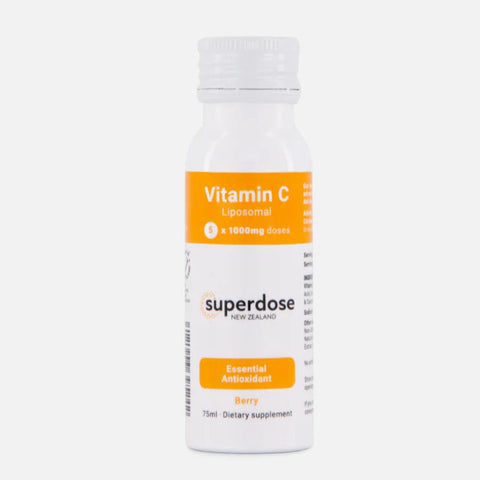 Supplement bottle labeled 'Vitamin C' by 'superdose' on a white background